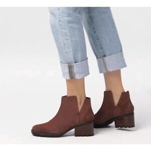Sorel Cate Women 7.5‎ Suede Cut-Out Block Heel Ankle Boots Burro Waterproof